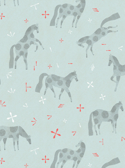 Babet_Tachezy, světle šedomodrá tapeta s koňmi, vlající všude kolem. Primárně pro děti.