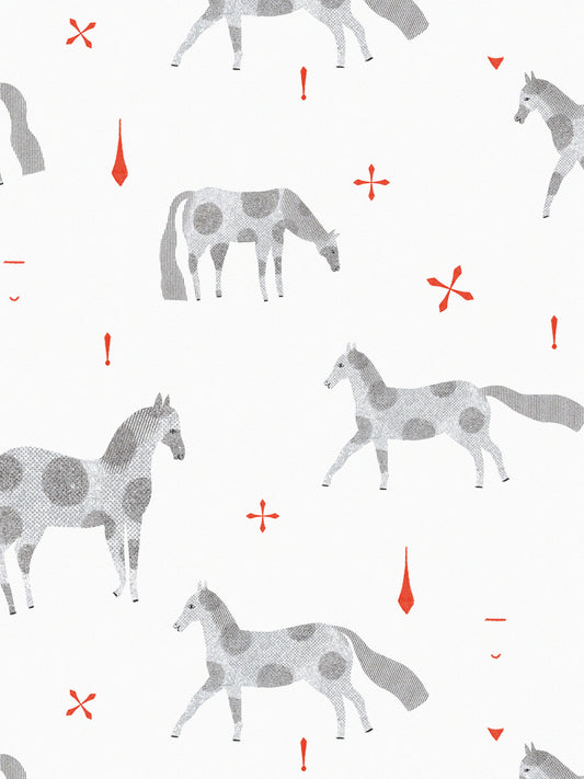 Babet_Tachezy, bílá tapeta s šedými koňmi, vlající všude kolem. Děti ji milují.